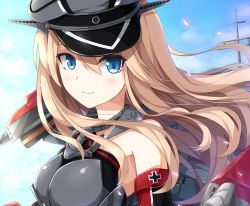 Rule 34 | 10s, 1girl, bare shoulders, bismarck (kancolle), blonde hair, blue eyes, breasts, cross, hat, iron cross, kantai collection, long hair, military, military hat, military uniform, peaked cap, personification, rin yuu, smile, solo, uniform, upper body