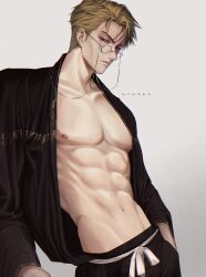 Rule 34 | 1boy, abs, absurdres, black pants, black robe, blonde hair, collarbone, cowboy shot, glasses, hand in pocket, highres, jujutsu kaisen, looking at viewer, male focus, muscular, muscular male, nanami kento, navel, nipples, nthndn, open clothes, open robe, pants, pectorals, robe, short hair, solo, standing
