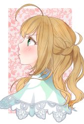 Rule 34 | 1girl, ahoge, blonde hair, blush, braid, capelet, cropped torso, floral background, french braid, green eyes, highres, idolmaster, idolmaster cinderella girls, lace-trimmed capelet, lace trim, looking afar, looking up, pout, profile, sato shin, solo, uika310p, wavy hair, white capelet