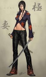 Rule 34 | 1girl, artist name, azami (tsukasa jun), black hair, breasts, breasts apart, buttons, cigarette, cleavage, dated, dress shirt, flame print, floral print, full body, hair between eyes, hip bones, holding, holding weapon, jpeg artifacts, juntsukasa, katana, leather, leather pants, lipstick, long hair, long sleeves, looking at viewer, makeup, midriff, mouth hold, nail polish, navel, no bra, one eye closed, open clothes, open shirt, original, pants, parted bangs, parted lips, red lips, red nails, sheath, shirt, sidelocks, signature, smoke, smoking, solo, standing, sword, tattoo, tsukasa jun, unsheathed, very long hair, weapon, wide hips, wing collar, yakuza