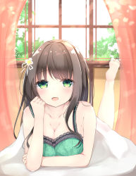 Rule 34 | 1girl, absurdres, animal print, bad id, bad pixiv id, bare arms, bare shoulders, barefoot, blanket, blurry, blurry background, blush, breasts, brown hair, butterfly print, cameltoe, camisole, cleavage, curtains, day, depth of field, gochuumon wa usagi desu ka?, green eyes, hair ribbon, highres, indoors, lace-trimmed camisole, lace trim, large breasts, leg up, long hair, looking at viewer, lying, maru usagi (maruusagi22), on stomach, open mouth, ribbon, smile, solo, tareme, the pose, ujimatsu chiya, under covers, white ribbon, window