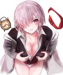 Rule 34 | 1girl, bad id, bad pixiv id, breast hold, breasts, cleavage, clock, commentary request, eyebrows, fate/grand order, fate (series), hair over one eye, large breasts, looking at viewer, mash kyrielight, nail polish, panties, parted lips, pink eyes, pink hair, sideboob, solo, suterisu japan, underwear