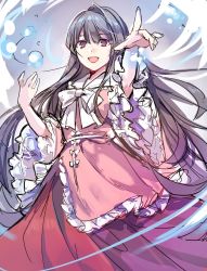 Rule 34 | 1girl, black hair, bow, colorized, frills, houraisan kaguya, long hair, long sleeves, looking at viewer, open mouth, outstretched arm, pointing, red eyes, ribbon, shirt, sketch, skirt, smile, solo, touhou, wide sleeves, yunomachi
