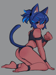 Rule 34 | 1girl, amazu (kurozu), animal ear fluff, animal ears, aoi (amazu), arm support, ass, bare shoulders, barefoot, blue hair, cat ears, cat girl, cat tail, clenched hand, dark-skinned female, dark skin, full body, grey background, hair between eyes, hand up, highres, multicolored hair, original, ponytail, red eyes, simple background, soles, solo, streaked hair, tail, tears