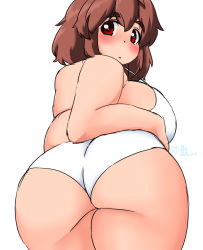 Rule 34 | 1girl, :o, ass, ass focus, bad id, bad pixiv id, bikini, blush, breasts, brown hair, eno konoe, eyebrows, fat, from behind, huge ass, huge breasts, looking at viewer, mikomu, original, red eyes, short hair, solo, swimsuit, thick eyebrows, thick thighs, thighs, white bikini