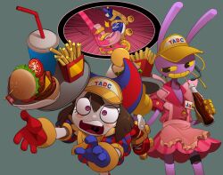 Rule 34 | 1boy, 1girl, bleedman, burger, dress, food, french fries, gloves, hat, highres, holding, jax (the amazing digital circus), open mouth, pink dress, pink footwear, pomni (the amazing digital circus), rabbit boy, roller skates, short hair, short sleeves, simple background, skates, soda bottle, the amazing digital circus