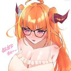 Rule 34 | 1girl, ahoge, bare shoulders, black-framed eyewear, blonde hair, blunt bangs, blush, bow, breasts, bright pupils, camisole, cleavage, cleavage cutout, clothing cutout, collarbone, commentary, commentary request, dragon girl, dragon horns, embarrassed, frilled camisole, frills, full-face blush, glasses, hair ribbon, highres, hololive, horn bow, horn ornament, horns, jouha, kiryu coco, large breasts, long hair, looking away, multicolored eyes, multicolored hair, official alternate costume, open mouth, orange hair, pointy ears, purple eyes, red eyes, ribbon, sidelocks, simple background, solo, spaghetti strap, streaked hair, striped, striped bow, symbol-only commentary, translation request, twintails, twitter username, upper body, virtual youtuber, white background, white camisole, white pupils