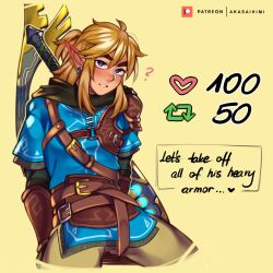 Rule 34 | 1boy, absurdres, akaihimi, arm guards, belt, blonde hair, blue eyes, bow (weapon), champion&#039;s tunic (zelda), cloak, cropped legs, earrings, english text, highres, jewelry, like and retweet, link, male focus, master sword, meme, nintendo, pointy ears, strap, sword, the legend of zelda, the legend of zelda: tears of the kingdom, twitter strip game (meme), weapon, weapon on back