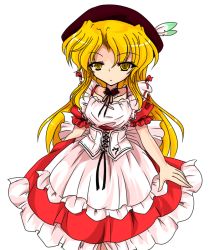 Rule 34 | 1girl, :/, :d, apron, blonde hair, choker, collarbone, corset, cowboy shot, expressionless, feathers, female focus, hat, hat feather, maid, maid apron, open mouth, puffy short sleeves, puffy sleeves, short sleeves, simple background, smile, solo, standing, touhou, touhou (pc-98), transparent background, tsunogiri, waist apron, white background, yellow eyes, yumeko (touhou)