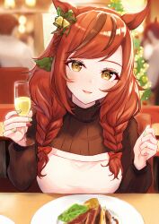 Rule 34 | 1girl, absurdres, alcohol, alternate hairstyle, animal ears, bell, blurry, blurry background, braid, brown hair, brown sweater, christmas tree, cup, food, glint, hair bell, hair ornament, hands up, highres, holding, holding cup, horse ears, indoors, jingle bell, long hair, long sleeves, looking at viewer, multicolored hair, multicolored nails, nice nature (umamusume), open mouth, plate, smile, solo, streaked hair, sweater, table, turtleneck, turtleneck sweater, twin braids, umamusume, upper body, wazuki tsuneha, wine, yellow eyes
