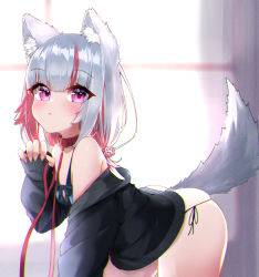 1girl absurdres animal_ear_fluff animal_ears ass bare_shoulders bikini blush closed_mouth collar commentary_request eto_(eto96-1114) hand_up highres huge_filesize long_sleeves looking_at_viewer multicolored_hair off_shoulder original purple_eyes red_hair resolution_mismatch side-tie_bikini_bottom silver_hair skindentation solo source_larger streaked_hair swimsuit tail underwear