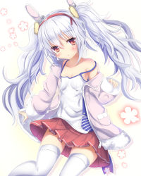 Rule 34 | 1girl, animal ears, arm at side, aruka (alka p1), azur lane, bare shoulders, blush, breasts, camisole, collarbone, commentary request, floral background, gluteal fold, hair between eyes, hairband, hand up, head tilt, headgear, highres, jacket, laffey (azur lane), long hair, long sleeves, looking at viewer, off shoulder, parted lips, pinching sleeves, pink jacket, pleated skirt, rabbit ears, red eyes, red hairband, red skirt, revision, simple background, skirt, sleeves past wrists, small breasts, solo, strap slip, thighhighs, twintails, very long hair, white background, white camisole, white hair, white thighhighs, zettai ryouiki