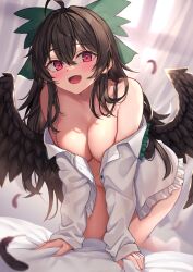 Rule 34 | 1girl, ahoge, all fours, bed sheet, bird wings, black hair, black wings, blurry, blurry background, blush, bow, breasts, cleavage, curtains, feathered wings, green bow, hair between eyes, hair bow, highres, indoors, large breasts, long hair, long sleeves, looking at viewer, open clothes, open mouth, open shirt, red eyes, reiuji utsuho, shirt, smile, solo, touhou, white shirt, window, wings, wowoguni