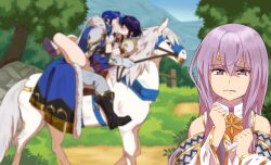Rule 34 | 1boy, 2girls, :/, absurdres, armor, black hair, blurry, blurry background, breastplate, brother and sister, closed eyes, commission, commissioner upload, couple, fire emblem, fire emblem: genealogy of the holy war, hands on another&#039;s face, headband, highres, horse, horseback riding, julia (fire emblem), kiss, larcei (fire emblem), leg lock, long hair, looking at viewer, multiple girls, nintendo, purple tunic, reins, riding, rock, rs40uchiha, saddle, seliph (fire emblem), short hair, shoulder armor, siblings, straddling, trail, tree, tunic, upright straddle, white headband, white horse