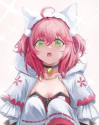 Rule 34 | 1girl, absurdres, ahoge, animal collar, animal hood, bell, black collar, breasts, cat hair ornament, cat hood, cleavage, collar, coqc, green eyes, hair ornament, hairclip, highres, hololive, hood, hooded jacket, jacket, jingle bell, long hair, looking at viewer, neck bell, official alternate costume, official alternate hairstyle, open mouth, pink hair, pom pom (clothes), pom pom hair ornament, sakura miko, sakura miko (work), saliva, sleeves past fingers, sleeves past wrists, small breasts, solo, two side up, upper body, virtual youtuber, white jacket