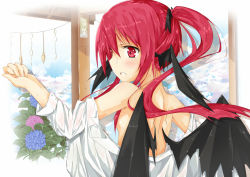 Rule 34 | 1girl, alternate hairstyle, back, bare back, bare shoulders, bat wings, breasts, dress shirt, fang, female focus, flower, from behind, hair over breasts, hair ribbon, head wings, highres, hydrangea, kitsune (scaz), koakuma, long hair, off shoulder, ponytail, rain, red eyes, red hair, ribbon, shide, shirt, sideboob, sidelocks, small breasts, solo, embodiment of scarlet devil, touhou, twintails, undressing, upper body, wet, wet clothes, wings