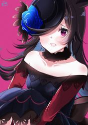 1girl absurdres animal_ears bare_shoulders black_hair black_hat blue_dress blue_flower blue_rose blush breasts clenched_teeth collarbone dress flower hair_over_one_eye hat hat_flower heart heart_in_eye highres horse_ears huge_filesize hugging_own_legs knees_up long_hair long_sleeves looking_at_viewer mikuri_kamazirou off-shoulder_dress off_shoulder pink_background purple_eyes rice_shower_(umamusume) rose sitting small_breasts solo symbol_in_eye teeth tilted_headwear umamusume very_long_hair