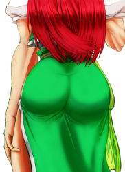 Rule 34 | 1girl, arm at side, ass, bruise, from behind, green skirt, hong meiling, huge ass, injury, koyubi (littlefinger1988), long hair, muscular, muscular female, out of frame, puffy short sleeves, puffy sleeves, red hair, scar, short sleeves, side slit, simple background, skirt, skirt set, solo, touhou, wedgie