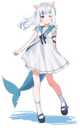 Rule 34 | 1girl, alternate costume, animal ears, arm ribbon, asymmetrical hair, bag, black footwear, black ribbon, blue eyes, blue hair, blush, breasts, cat ears, closed mouth, commentary, dress, english commentary, fins, fish tail, full body, gawr gura, handbag, highres, hinakano h, hololive, hololive english, kemonomimi mode, looking at viewer, mary janes, medium hair, mixed-language commentary, multicolored hair, one eye closed, ribbon, sailor collar, sailor dress, shark tail, shoes, side ponytail, sidelocks, silver hair, simple background, sleeveless, sleeveless dress, small breasts, smile, socks, solo, standing, standing on one leg, streaked hair, tail, twitter username, two-tone hair, virtual youtuber, white background, white dress, white socks