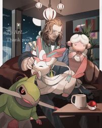 Rule 34 | 1boy, absurdres, beard, black sclera, blue jacket, bookshelf, brown hair, closed eyes, colored sclera, colored skin, commission, couch, creatures (company), cup, eating, facial hair, flaaffy, fraxure, game freak, gen 2 pokemon, gen 5 pokemon, gen 6 pokemon, green eyes, green skin, grey pants, highres, indoors, jacket, lamp, light, looking at viewer, moon, night, nintendo, pants, pink fur, pink skin, pixiv commission, poke ball, poke puff, pokemon, pokemon (creature), red eyes, reo (mmocc123), sitting, smile, star (sky), sylveon, thank you, u u, white background, white skin, window, wool