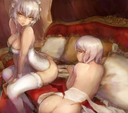 Rule 34 | 2girls, ass, bat wings, bottomless, braid, breasts, casual nudity, cleavage, corset, couch, female focus, frilled pillow, frills, highres, izayoi sakuya, light purple hair, low wings, maid headdress, multiple girls, nude, pillow, red eyes, remilia scarlet, short hair, silver hair, thighhighs, topfreedom, topless, tori (qqqt), touhou, twin braids, white legwear, wings, yellow eyes