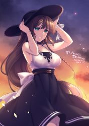 1girl, :d, aqua eyes, armpits, arms up, artist name, back bow, bangs, bare arms, bare shoulders, belt, belt buckle, black headwear, black skirt, bow, braid, breasts, brown hair, buckle, character name, character request, cleavage, cloud, collarbone, commentary request, dated, eyebrows visible through hair, feet out of frame, glint, gradient sky, hands on headwear, hat, high-waist skirt, konshin, large breasts, long hair, looking away, looking down, open mouth, petals, phantasy star, phantasy star online 2, ribbon, shirt, side braid, skirt, sky, sleeveless, sleeveless shirt, smile, solo, standing, straight hair, sun hat, translation request, twilight, very long hair, white bow, white ribbon, white shirt, wrist ribbon