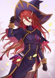 Rule 34 | 1girl, absurdres, alternate costume, black dress, black gloves, black hat, breasts, commentary, cordelia (fire emblem), dress, english commentary, fire emblem, fire emblem awakening, gloves, grin, hair between eyes, hair ornament, hand on headwear, hat, head wings, highres, long hair, long sleeves, looking at viewer, mari48240422, medium breasts, nintendo, one eye closed, red eyes, red hair, side slit, smile, solo, wings, witch, witch hat