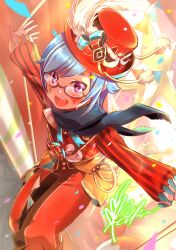 Rule 34 | 1boy, absurdres, blue hair, confetti, facial mark, fingernails, hat, hat feather, hat tassel, heart, heart facial mark, highres, indie virtual youtuber, izumi keika, izumi keika (character), looking at viewer, male focus, open mouth, pants, purple eyes, red hat, red pants, shirt, short hair, solo, striped clothes, striped shirt, teardrop facial mark, trapeze, vertical-striped clothes, vertical-striped shirt, virtual youtuber