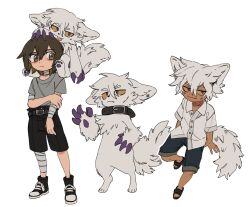 Rule 34 | 2boys, animal collar, animal ears, bandaged arm, bandaged leg, bandaged neck, bandages, black collar, black footwear, black shorts, brown eyes, brown hair, child, closed mouth, collar, collared shirt, colored sclera, commentary, creature, dark-skinned male, dark skin, deviidog0, english commentary, fang, fang out, freckles, full body, grey shirt, highres, holding own arm, invisible chair, looking at viewer, male focus, multiple boys, multiple views, original, purple eyes, sandals, shirt, short hair, short sleeves, shorts, simple background, sitting, smile, standing, tail, white background, white hair, yellow sclera