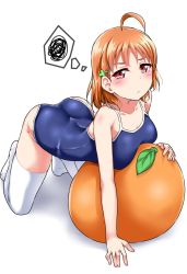 Rule 34 | 1girl, ahoge, annoyed, ass, bare shoulders, blue one-piece swimsuit, blush, breasts, casual one-piece swimsuit, closed mouth, clover hair ornament, commentary request, food, fruit, hair ornament, highres, looking at viewer, love live!, love live! sunshine!!, medium breasts, one-piece swimsuit, orange (fruit), orange hair, pillow, red eyes, shiny skin, short hair, simple background, solo, swimsuit, takami chika, thighhighs, white background, white thighhighs, yopparai oni