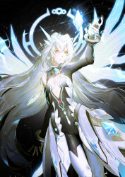 Rule 34 | 1girl, android, black background, black bodysuit, bodysuit, breasts, cleavage cutout, closed mouth, clothing cutout, code: sariel (elsword), commentary, elsword, energy wings, english commentary, eve (elsword), expressionless, facial mark, grey hair, hair intakes, halo, highres, iimmiitt, long hair, long sleeves, mechanical ears, robot, small breasts, solo, two-tone bodysuit, very long hair, white bodysuit, wings, yellow eyes