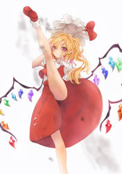 Rule 34 | 1girl, absurdres, bat wings, blonde hair, blush, bow, calpis118, closed mouth, commentary request, crystal, eyelashes, flandre scarlet, hand up, hat, hat bow, high kick, highres, kicking, legs, long hair, looking at viewer, messy hair, mob cap, multicolored wings, puffy short sleeves, puffy sleeves, rainbow order, red bow, red eyes, red footwear, red shirt, red skirt, serious, shirt, short sleeves, side ponytail, sidelocks, simple background, skirt, slit pupils, solo, split, standing, standing on one leg, standing split, touhou, unworn headwear, white background, white hat, white shirt, wings