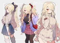 Rule 34 | 1girl, :d, ahoge, alternate costume, bag, black bow, black shirt, blonde hair, blue skirt, blush, bow, bowtie, brown bow, brown thighhighs, closed mouth, contrapposto, edel (ikeuchi tanuma), grey background, grey sweater, hair bow, hair over one eye, ikeuchi tanuma, jacket, leg warmers, long hair, long sleeves, looking at viewer, miniskirt, multiple views, one eye covered, one side up, open mouth, original, pantyhose, pink skirt, ponytail, purple jacket, red bow, red eyes, ribbed sweater, shirt, shoulder bag, skirt, smile, standing, strawberry bag, sweater, thighhighs, twintails, twitter username, v, very long hair, zettai ryouiki