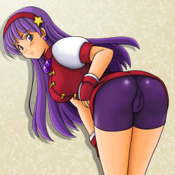 Rule 34 | 1girl, asamiya athena, ass, bent over, bike shorts, blush, breasts, cameltoe, earrings, female focus, fingerless gloves, gloves, gradient background, hairband, jewelry, large breasts, leaning, leaning forward, long hair, looking at viewer, purple eyes, purple hair, shadow, skirt, smile, snk, solo, the king of fighters, the king of fighters &#039;98, tsumitani daisuke, upskirt