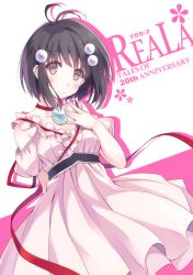 Rule 34 | 1girl, brown eyes, brown hair, choker, closed mouth, dress, hair ornament, looking at viewer, reala (tales), red choker, short hair, smile, solo, tales of (series), tales of destiny 2
