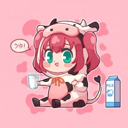 Rule 34 | 1girl, :d, animal costume, aqua eyes, blush stickers, chibi, commentary request, cosplay, cow costume, cow hood, cup, dodapan, drawstring, full body, highres, holding, holding cup, hood, hood up, kigurumi, kurosawa ruby, looking at viewer, love live!, love live! sunshine!!, milk carton, open mouth, outline, pink background, red hair, sitting, smile, solo, two side up, white outline, yellow neckwear