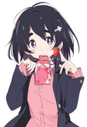 Rule 34 | 1girl, black hair, blush, candy, cardigan, chocolate, chocolate bar, copyright request, food, fruit, ghana (chocolate), hair ornament, hairclip, ixy, long sleeves, looking at viewer, lotte (company), momo (pink valentine), pink cardigan, pink valentine, purple eyes, short hair, simple background, solo, strawberry, thick eyebrows, white background