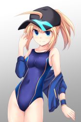 Rule 34 | 1girl, artoria pendragon (fate), baseball cap, blonde hair, blue eyes, blue jacket, breasts, collarbone, competition swimsuit, cross (crossryou), fate/grand order, fate (series), gradient background, hair through headwear, hat, highres, jacket, looking at viewer, medium breasts, mysterious heroine x (fate), one-piece swimsuit, open clothes, open jacket, short hair, smile, solo, standing, swimsuit, track jacket