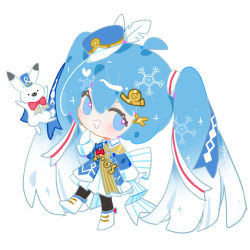 Rule 34 | 1girl, ahoge, aiguillette, animal, argyle, band uniform, black pantyhose, blue bow, blue hair, blue headwear, blue jacket, blue ribbon, boots, bow, bowtie, chibi, chinese commentary, commentary, epaulettes, french horn, full body, gloves, gradient hair, hair ornament, hair ribbon, hand on own chin, hat feather, hatsune miku, indai (3330425), instrument, instrument hair ornament, jacket, mini shako cap, multicolored hair, open mouth, pantyhose, rabbit, rabbit yukine, red bow, red bowtie, ribbon, sideways glance, simple background, skirt, smile, snowflake print, standing, striped ribbon, twintails, vocaloid, walking, white background, white footwear, white gloves, white hair, white ribbon, white skirt, x hair ornament, yuki miku