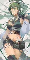 Rule 34 | 1girl, arknights, black shorts, breasts, commentary request, cowboy shot, crop top, gavial (arknights), gavial the invincible (arknights), green hair, highres, long hair, looking at viewer, mask, mask around neck, material growth, medium breasts, midriff, navel, oripathy lesion (arknights), parted lips, pointy ears, short shorts, shorts, solo, standing, stomach, taoer., thighs, torn clothes, yellow eyes