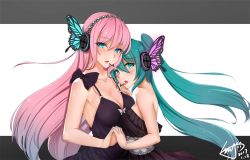 Rule 34 | 2017, 2girls, :o, aqua eyes, aqua hair, arm grab, bare arms, bare shoulders, black dress, blue eyes, blush, breasts, bug, butterfly, butterfly hair ornament, cleavage, couple, dated, dress, female focus, formal, hair between eyes, hair ornament, holding hands, hatsune miku, headphones, headset, hug, bug, interlocked fingers, large breasts, long hair, looking at viewer, magnet (vocaloid), megurine luka, multiple girls, neck, open mouth, pink hair, pomie de sunny, strapless, strapless dress, twintails, upper body, very long hair, vocaloid, yuri