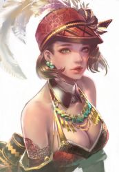 Rule 34 | 1girl, bare shoulders, breasts, brown hair, cleavage, commentary request, detached collar, detached sleeves, dress, earrings, feathers, green eyes, halterneck, hat, highres, jewelry, kaburagi yasutaka, large breasts, looking at viewer, multicolored clothes, multicolored dress, necklace, original, parted lips, short hair, solo