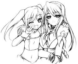 Rule 34 | 2girls, ;d, breasts, elf, flat chest, gloves, greyscale, hairband, hand on another&#039;s shoulder, large breasts, light smile, long hair, long pointy ears, masuda afura, midriff, monochrome, multiple girls, navel, one eye closed, open mouth, pastel chime, phil ehart, pointy ears, saika s. falnese, smile, twintails, v, w, wink