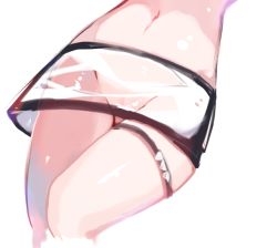 Rule 34 | 1girl, arknights, cropped legs, groin, miniskirt, navel, no panties, partially visible vulva, see-through, simple background, skirt, solo, stomach, sukima (crie), thigh strap, weedy (arknights), white background