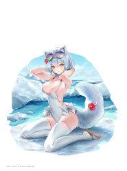 Rule 34 | 1girl, animal ears, arm up, arms behind head, bare shoulders, blue hair, blue sky, bow, braid, breasts, cat ears, cleavage, closed mouth, cloud, cloudy sky, collarbone, day, dsmile, eyewear on head, flower, hair bow, highleg, highleg swimsuit, highres, ice, lips, looking at viewer, medium breasts, one-piece swimsuit, original, outdoors, page number, sandals, shiny skin, short hair, simple background, sitting, sky, smile, solo, sunglasses, swimsuit, tail, thighhighs, thighs, twin braids, water, white thighhighs, yellow eyes