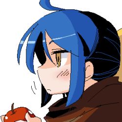 Rule 34 | 1girl, apple, artist request, blue hair, blush, food, frown, fruit, holding, holding food, holding fruit, lowres, oekaki, solo, yellow eyes