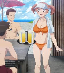 Rule 34 | 1girl, 2boys, alcohol, anime screencap, beach, beer, bikini, blue shirt, breasts, brown eyes, brown hair, cleavage, collarbone, frilled bikini, frills, groin, hair ribbon, hataraku maou-sama!, highres, large breasts, multiple boys, navel, ocean, open clothes, open mouth, open shirt, orange bikini, ribbon, sasaki chiho, screencap, shirt, shorts, side-tie bikini bottom, sitting, standing, stitched, stomach, swimsuit, table, thighs, third-party edit, topless male, twintails, visor cap, water