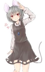 Rule 34 | 1girl, animal ears, arm up, blush, dress, grey hair, grin, highres, jewelry, long sleeves, looking at viewer, mouse ears, mouse tail, nazrin, necklace, netamaru, red eyes, short hair, simple background, smile, solo, tail, touhou, white background
