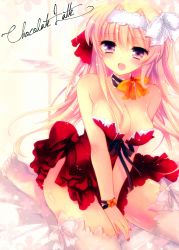 Rule 34 | 1girl, absurdres, angel wings, bare shoulders, blonde hair, bow, breasts, choker, cleavage, hair ribbon, heart, highres, ichiyou moka, large breasts, long hair, looking at viewer, nail polish, no shoes, open mouth, original, purple eyes, red nails, red skirt, ribbon, ribbon choker, sitting, skirt, solo, thighhighs, v arms, white thighhighs, white wings, wings, wrist ribbon