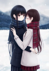 Rule 34 | 2girls, ahoge, back, black hair, black legwear, blue scarf, blunt bangs, blurry, blush, brown hair, closed eyes, closed mouth, coat, cowboy shot, depth of field, enpera, eyelashes, fringe trim, grey sky, hair ornament, hand on another&#039;s arm, highres, hinabita, hug, long hair, long sleeves, looking at another, megimegyo, miniskirt, mole, mole under eye, mountain, multiple girls, outdoors, pantyhose, parted lips, plaid, plaid scarf, plaid skirt, pleated skirt, profile, red scarf, red skirt, scarf, shimotsuki rin, skirt, sky, snow, snowing, very long hair, white coat, winter, winter clothes, winter coat, yamagata marika, yuri